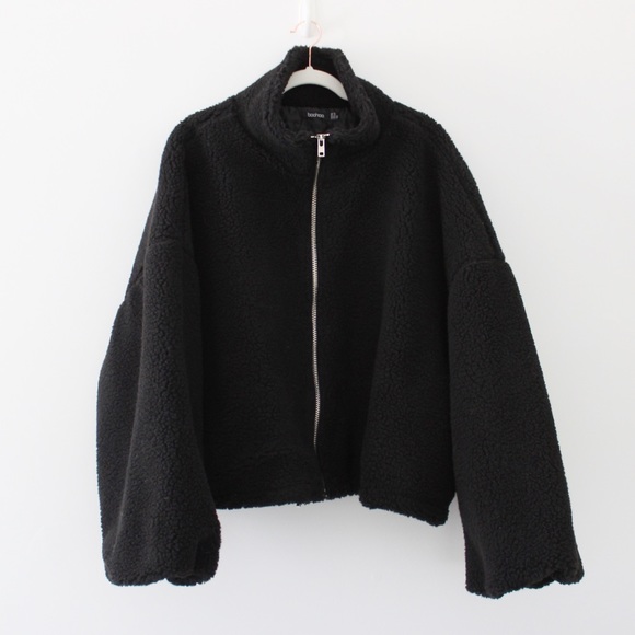 Boohoo Crop Teddy Faux Fur Bomber Jacket - Picture 3 of 8